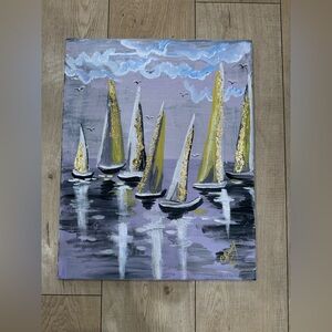 Handmade Sailboat Canvas Art with Gold and Gray Tones